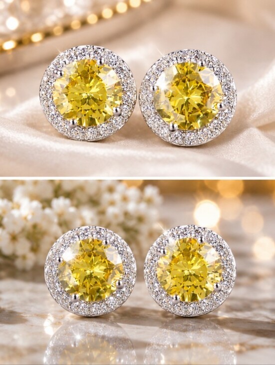 Jewelry - Sterling Silver Yellow Citrine Halo Stud Earrings